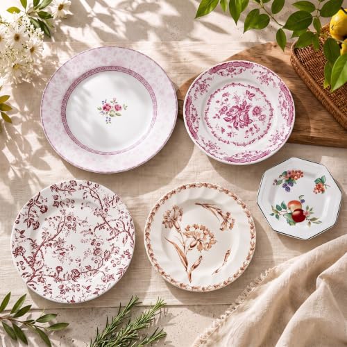 Yiyiring 5-Piece Vintage Ceramic Wall Sculpture Plate Set - Floral Red & White