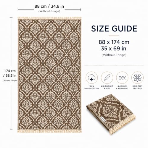 Turkish Beach Towel Oversized 35x69 Inch Quick Dry Sand Resistant Damask Pattern Taupe Brown & Cream
