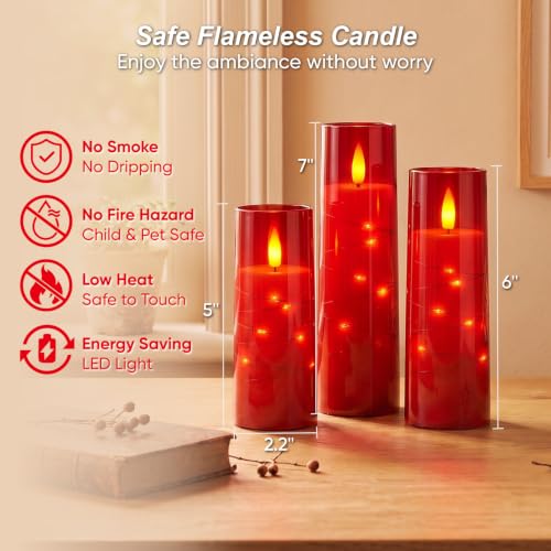 3pcs Red Flameless Battery-Operated Pillar Candles with Remote Timer