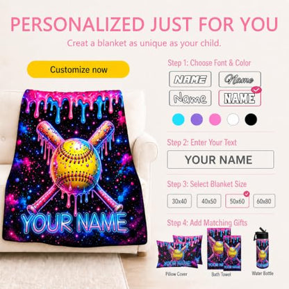 Personalized Softball Blanket for Girls - Yellow Custom Throw Blanket