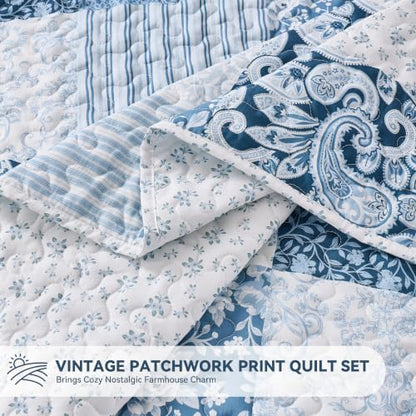 Alaskan King Quilt Set 132x120 Blue Patchwork Reversible Bedspread