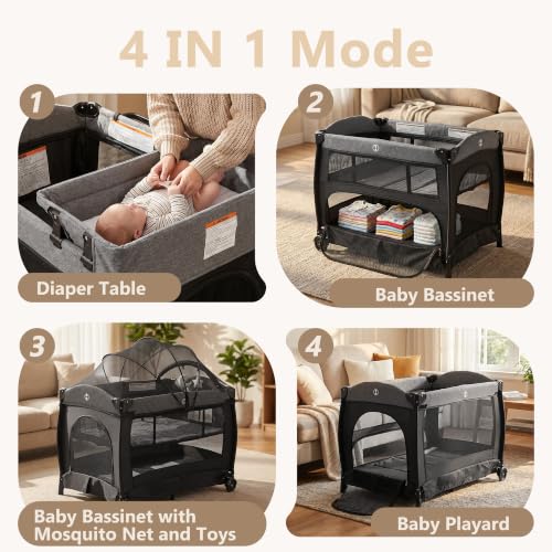 Kinder King Portable Pack and Play Baby Playard with Bassinet - Light Grey