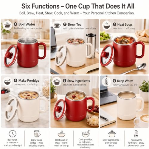 Beige 6-in-1 Portable Electric Stewing Cup with Filter, 27 Oz