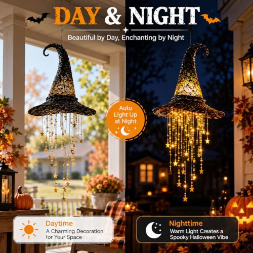 Halloween Witch Hat Lantern Black with Star Tassels - Warm LED Lighted Decoration