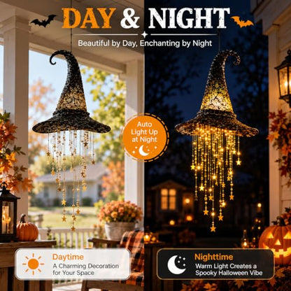 Halloween Witch Hat Lantern Black with Star Tassels - Warm LED Lighted Decoration