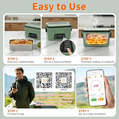 Monteka Cordless Electric Lunch Box - Dark Green, Rechargeable Food Warmer with Scheduled Heating & Keep Warm Function