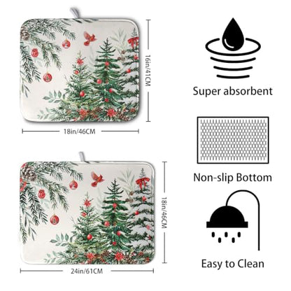 Christmas Tree Dish Drying Mat for Kitchen Counter Extra Large 18x24 Inches - Reversible & Absorbent Microfiber