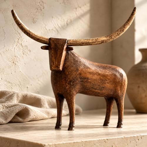 Rustic Longhorn Bull Sculpture - Hand-Carved Farmhouse Animal Figurine