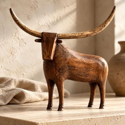 Rustic Longhorn Bull Sculpture - Hand-Carved Farmhouse Animal Figurine