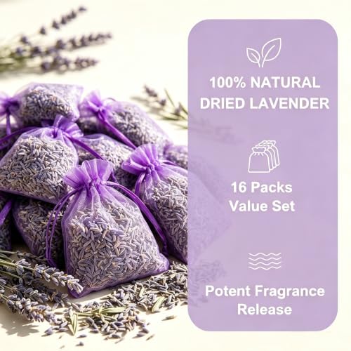 16 Pack Lavender Sachets for Drawer and Closet - Potent Fragrance Release