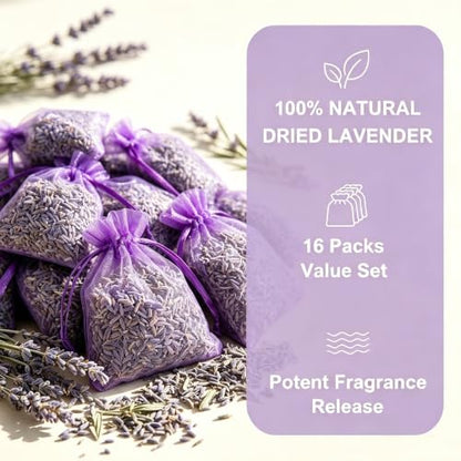 16 Pack Lavender Sachets for Drawer and Closet - Potent Fragrance Release