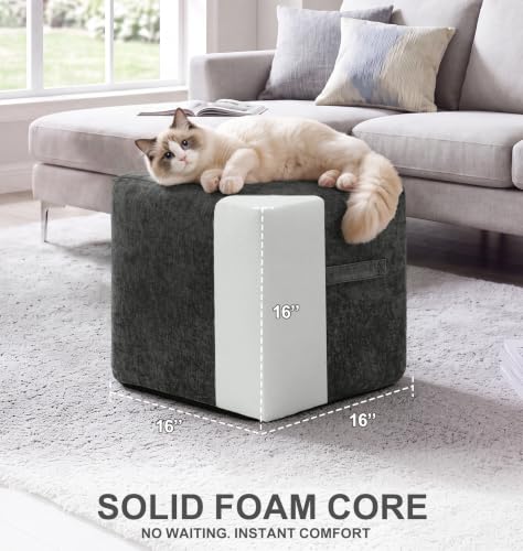 Grey Chenille Square Foot Rest Ottoman 16 Inch - Portable & Removable Cover