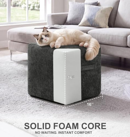 Grey Chenille Square Foot Rest Ottoman 16 Inch - Portable & Removable Cover