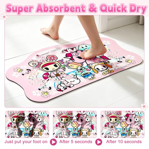 Tokidoki Pink Waterproof Non-Slip Bath Mat - Quick Dry, Absorbent Bathroom Rug