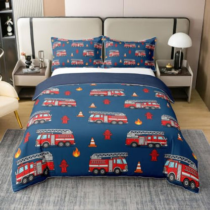 Navy Blue Full Size Fire Truck Duvet Cover Set - 100% Cotton Boys Girls Bedding