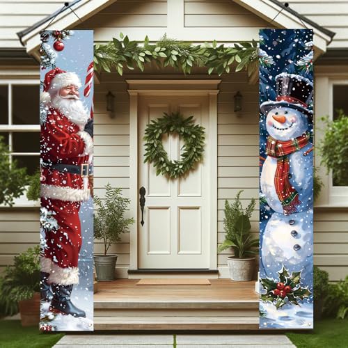 Christmas Porch Banner Santa and Snowman Set 71x12 Inch Holiday Door Decorations