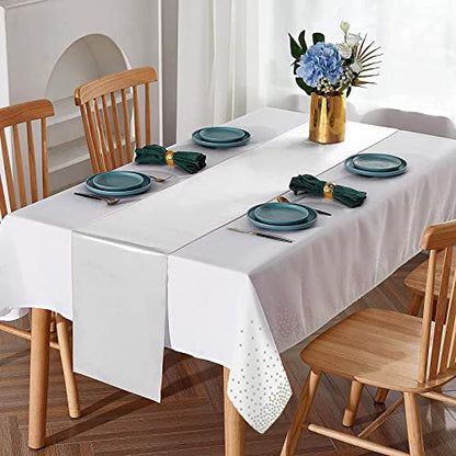 White and Silver Tablecloth and Satin Table Runner Set - 16 Pack for Weddings & Parties