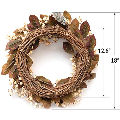 18 Inch Winter Wreath with Magnolia Leaves White Berries Farmhouse Holiday Decor