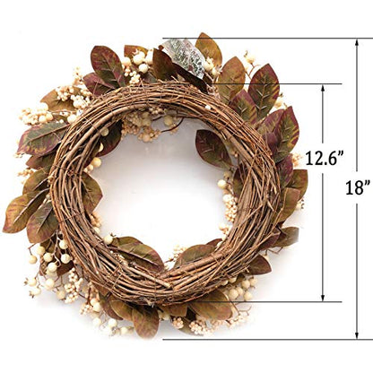 18 Inch Winter Wreath with Magnolia Leaves White Berries Farmhouse Holiday Decor