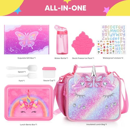 JYPS Unicorn Bento Box for Kids with Insulated Lunch Bag, Lunch box Set with kids water bottle,Sauce Container,Ice Pack,Utensils,Perfect Lunch Container for Girls and Toddlers Back to School Age 7-15