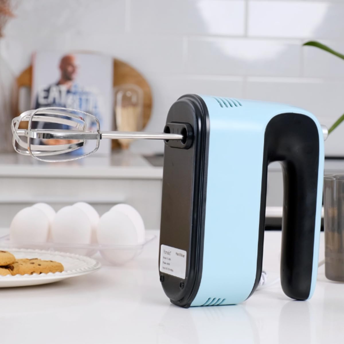 Skiennix 9-Speed Hand Mixer - 400W Powerful Electric Mixer with Snap-On Storage Case & 5 Accessories (Ice Blue/Black)