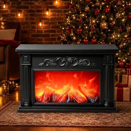 Black LED Fireplace with Flame Effect, Decorative Electric Fire Lamp