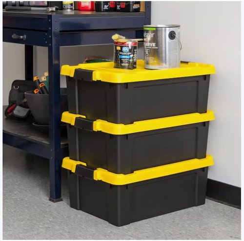 Heavy Duty Stackable Storage Tote - 12-Gallon Latching Lid Bins | Black, 3-Pack