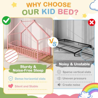 Twin Size House Shape Bed Frame with Guardrail - Pink, Low Profile, Sturdy Metal Design