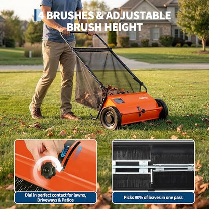 Orange Garvee 26-Inch Push Lawn Sweeper with 7Cu.ft Leaf & Grass Hopper Bag