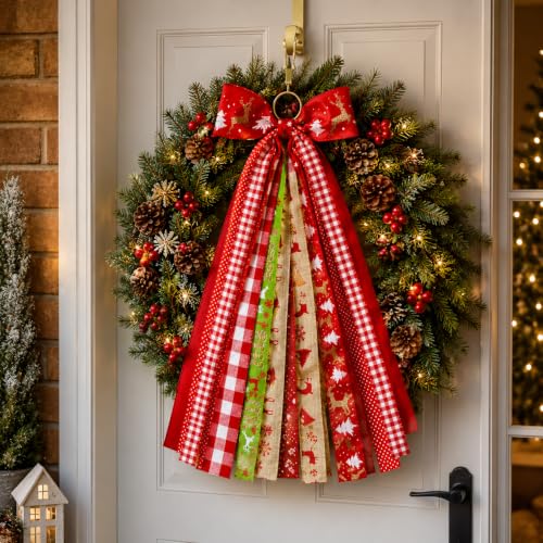 Red Christmas Wreath Bow Plaid Ribbon Door Swag Decor - 23.6in