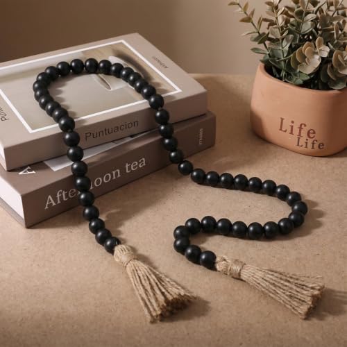 Black 39in Wood Bead Garland Farmhouse Decor with Tassels