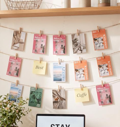 Photo Hanging String with Clips - 32.8ft Natural Jute Wall Display Kit