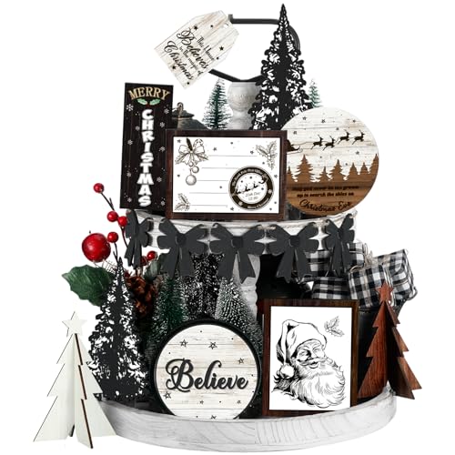 FairySandy Christmas Tiered Tray Decor Set Santa Style 15 Pcs Wooden Signs
