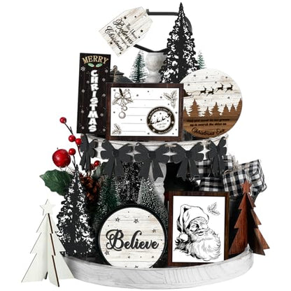 FairySandy Christmas Tiered Tray Decor Set Santa Style 15 Pcs Wooden Signs