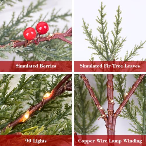 Pine Needle Christmas Lighted Branches Set - 3 Pieces, 90 Lights, Battery Operated