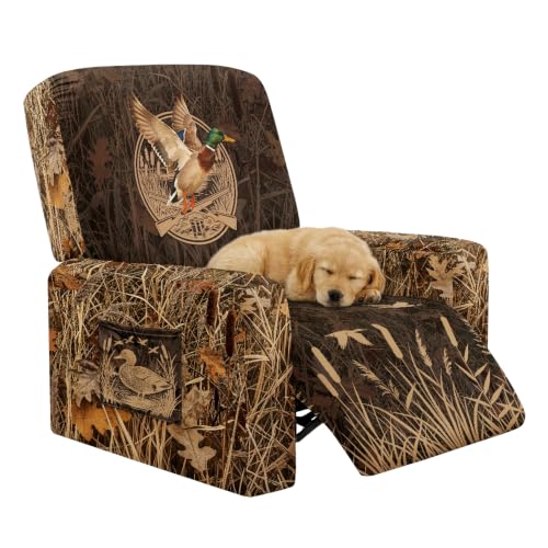 Duck Hunting Camo Print Recliner Chair Cover - 4-Piece Stretch Slipcover with Side Pocket