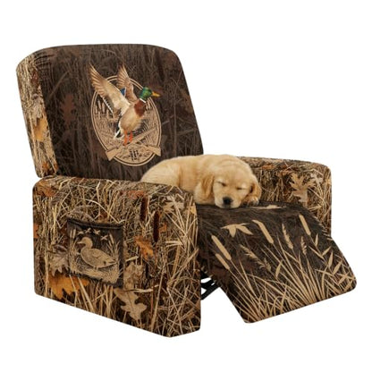 Duck Hunting Camo Print Recliner Chair Cover - 4-Piece Stretch Slipcover with Side Pocket
