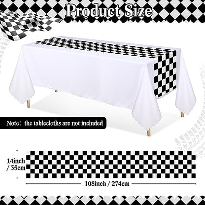 Preboun 3 Pcs Black White Checkered Plastic Table Runner 14x108 Inches - Racing Theme Party Supplies