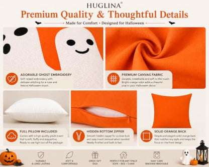 Halloween Ghost Throw Pillow 18x18 Inch with Insert - Orange Embroidered Decor