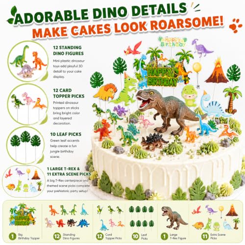 Dinosaur Birthday Cake Topper Set with 3D Figures & Jungle Decor