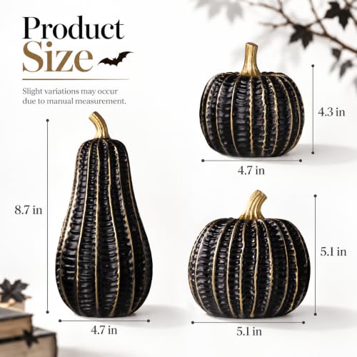 Black & Gold Resin Pumpkin Decorations Set - Fall Halloween Home Accent