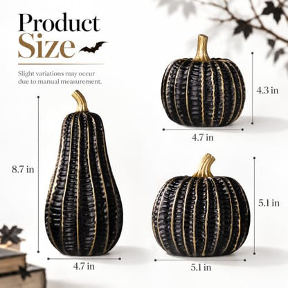Black & Gold Resin Pumpkin Decorations Set - Fall Halloween Home Accent