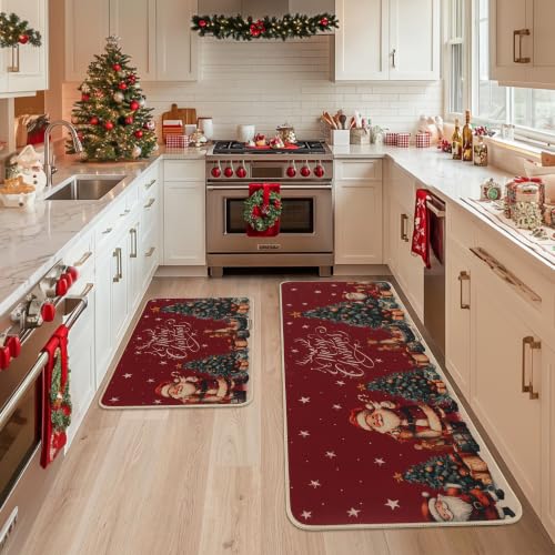 Christmas Kitchen Rugs Set of 2 Non Slip Washable Holiday Mats - Red, Tree Variation (17x30 + 17x47 inches)