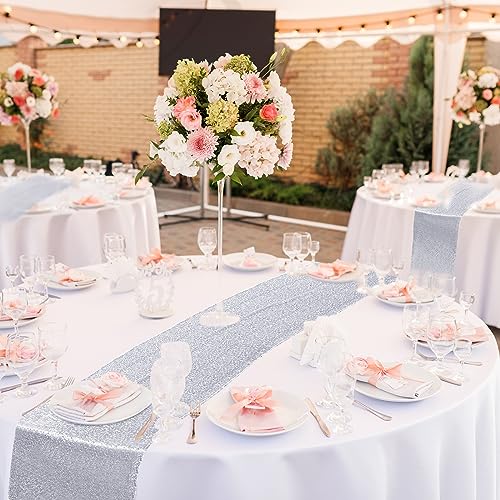 Silver and White Round Plastic Tablecloth & Sequin Runner Set - Party Decor