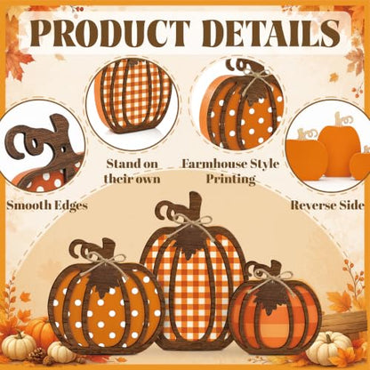 Farmhouse Pumpkin Decor Set - Wooden Autumn Fall Decorations, 3 Pieces