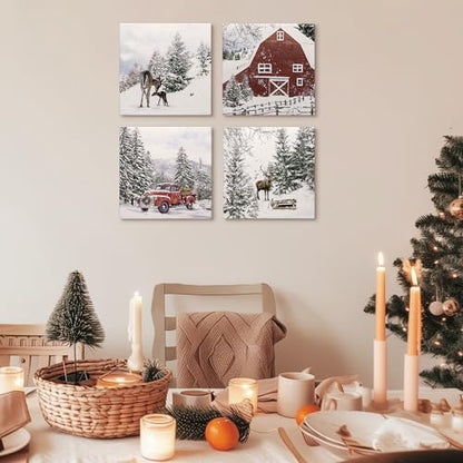Christmas Canvas Wall Art Decor Set - Snowy Scene Rustic Holiday Prints 12x12 Inches