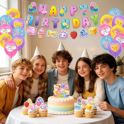 Squishy Birthday Decorations Set with Banner Balloons & Cake Toppers - Variation of Squishy Decorations