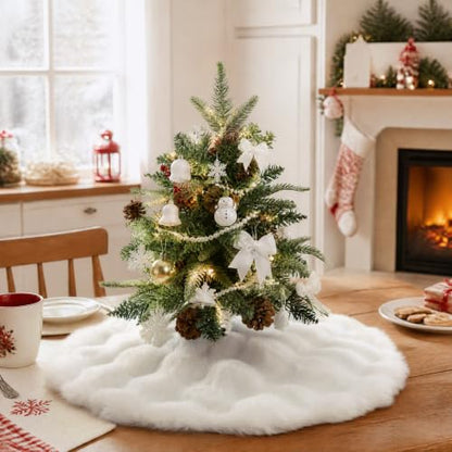 24 Inch White Christmas Tree Skirt Faux Fur Mini Snowflake Pattern - Cream White