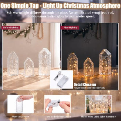 Christmas Glass Village Decoration Set with LED Lights - 3 Pieces