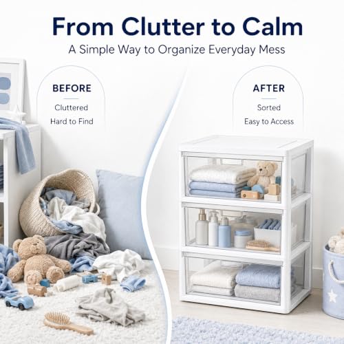 White 3-Drawer Plastic Storage Tower with Removable Clear Bins - Wide Organizer